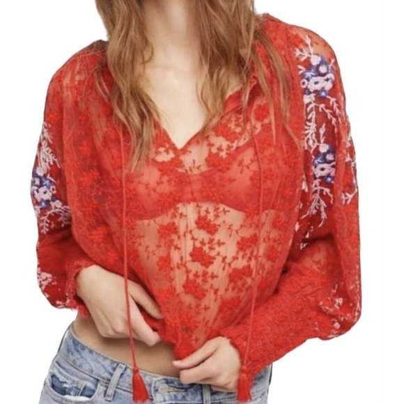 Free People Jubilee Red Embroidered Floral Mesh Oversized Top Womens Size XS - Picture 5 of 16